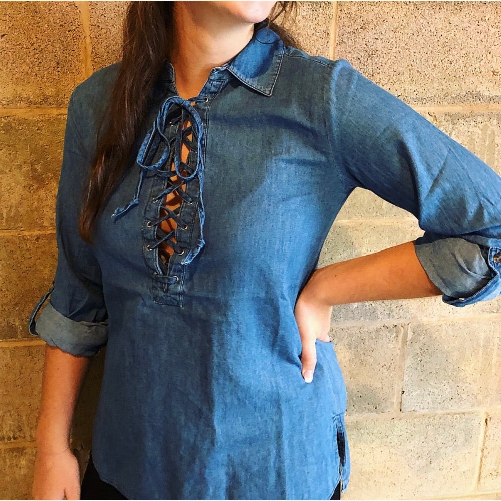 Lace up Denim Top -Size small- NWT